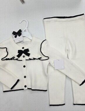 btween Cream Knit Cardigan with Black Bow Trim